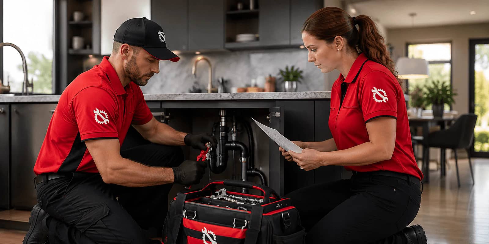 Two plumbers working under a kitchen sink, one reviewing the work order
