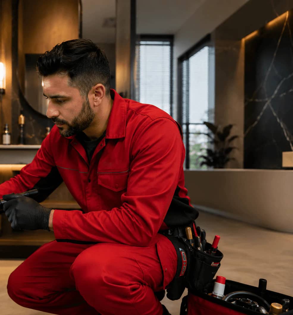 Plumber in red coveralls checking pipes behind an open wall panel with a flashlight