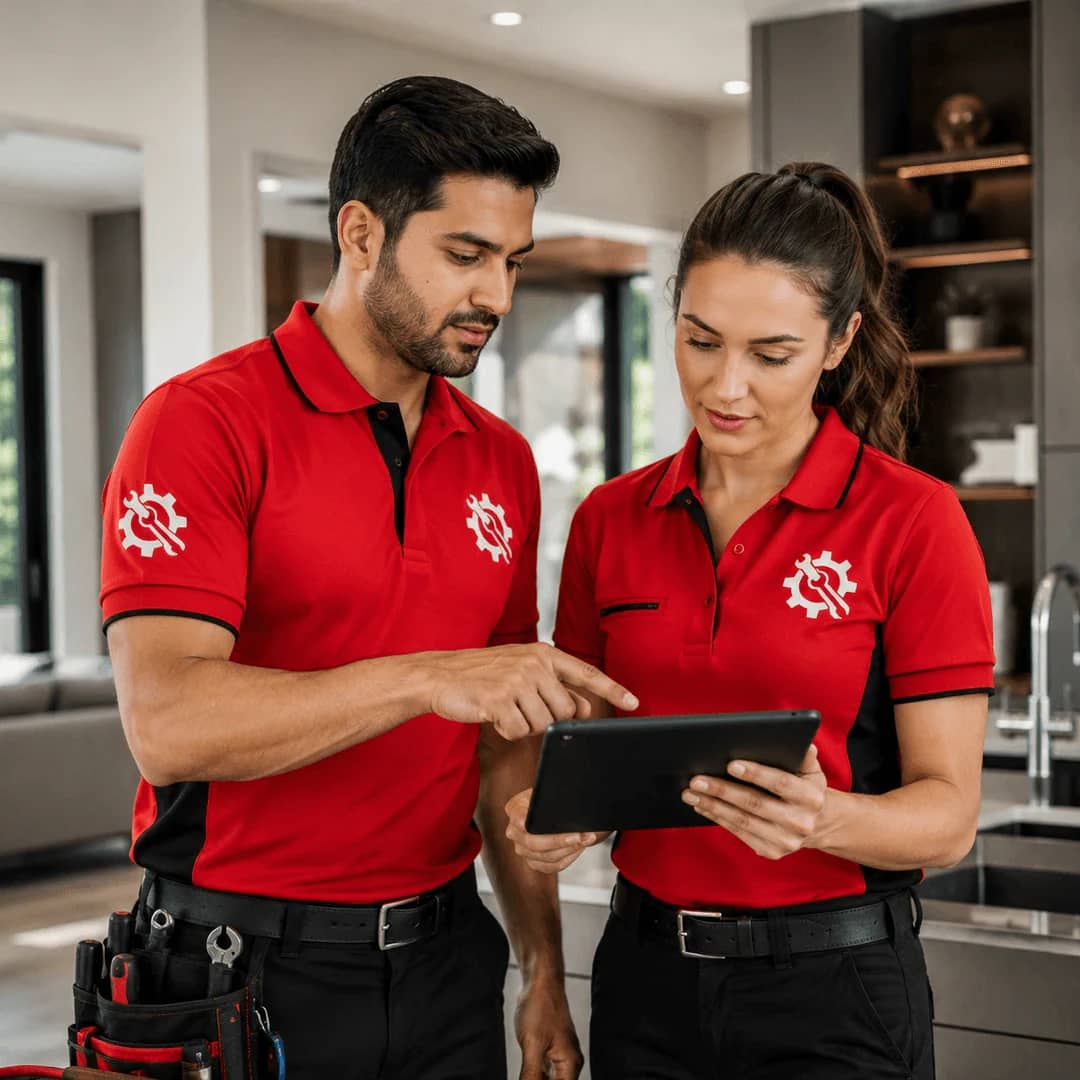 Two plumbers in red work shirts reviewing a job on a tablet