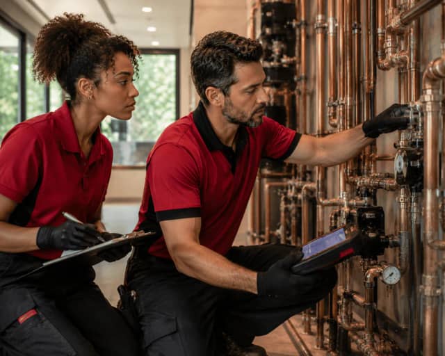Two plumbers checking a copper pipe manifold with a tablet