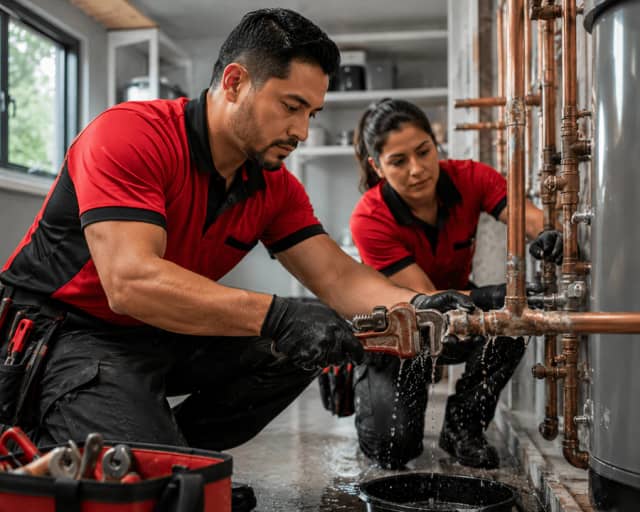 Two plumbers repairing a leaking copper pipe