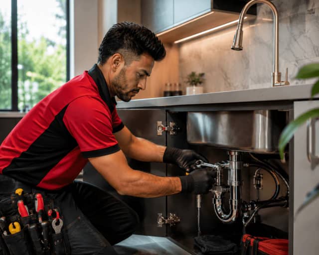 Plumber tightening a chrome sink trap under a kitchen counter