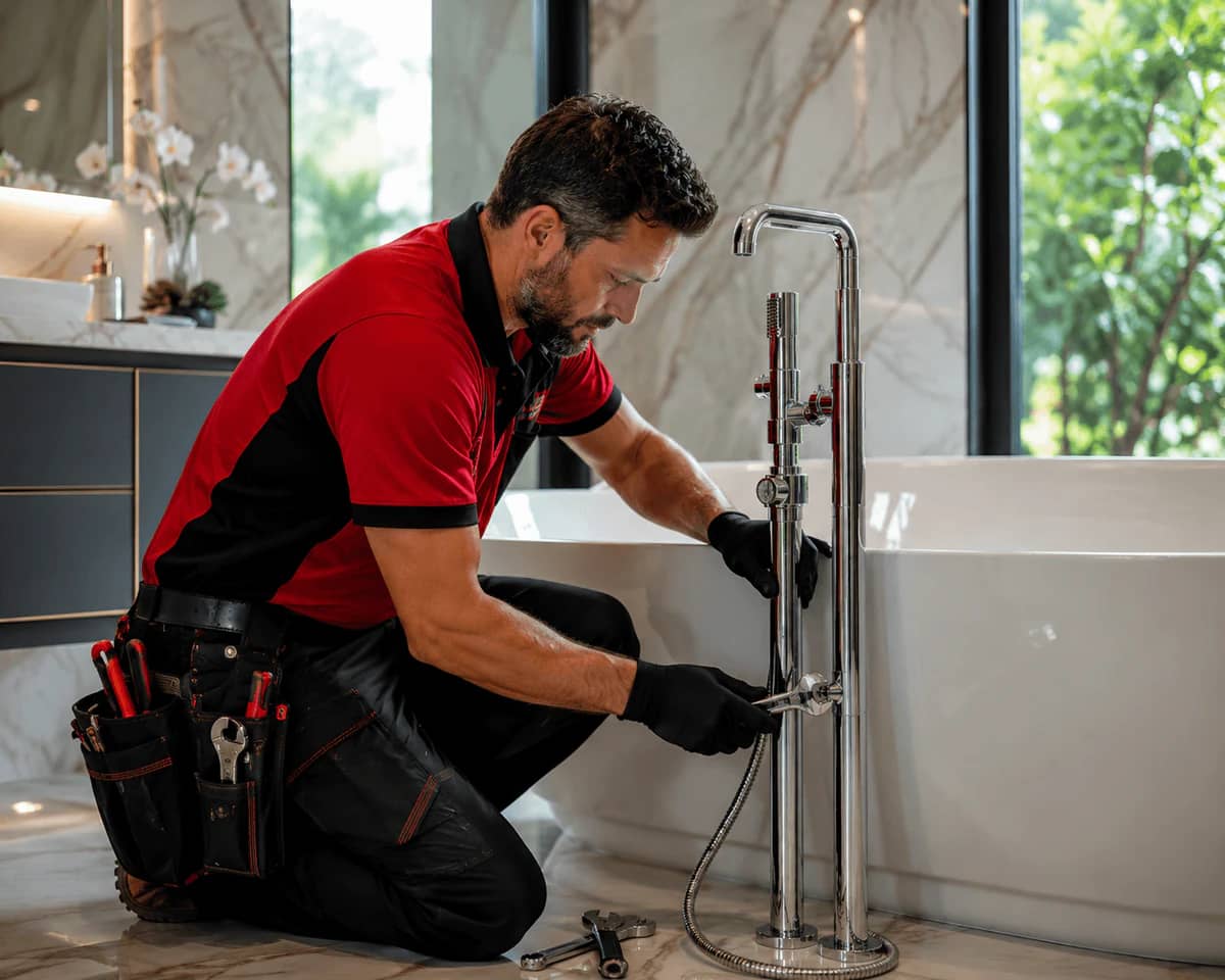 Plumber installing a freestanding bathtub faucet