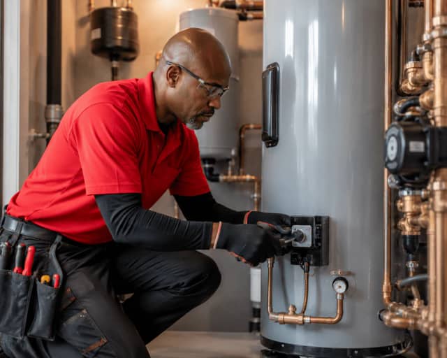 Plumber adjusting the control on a water heater