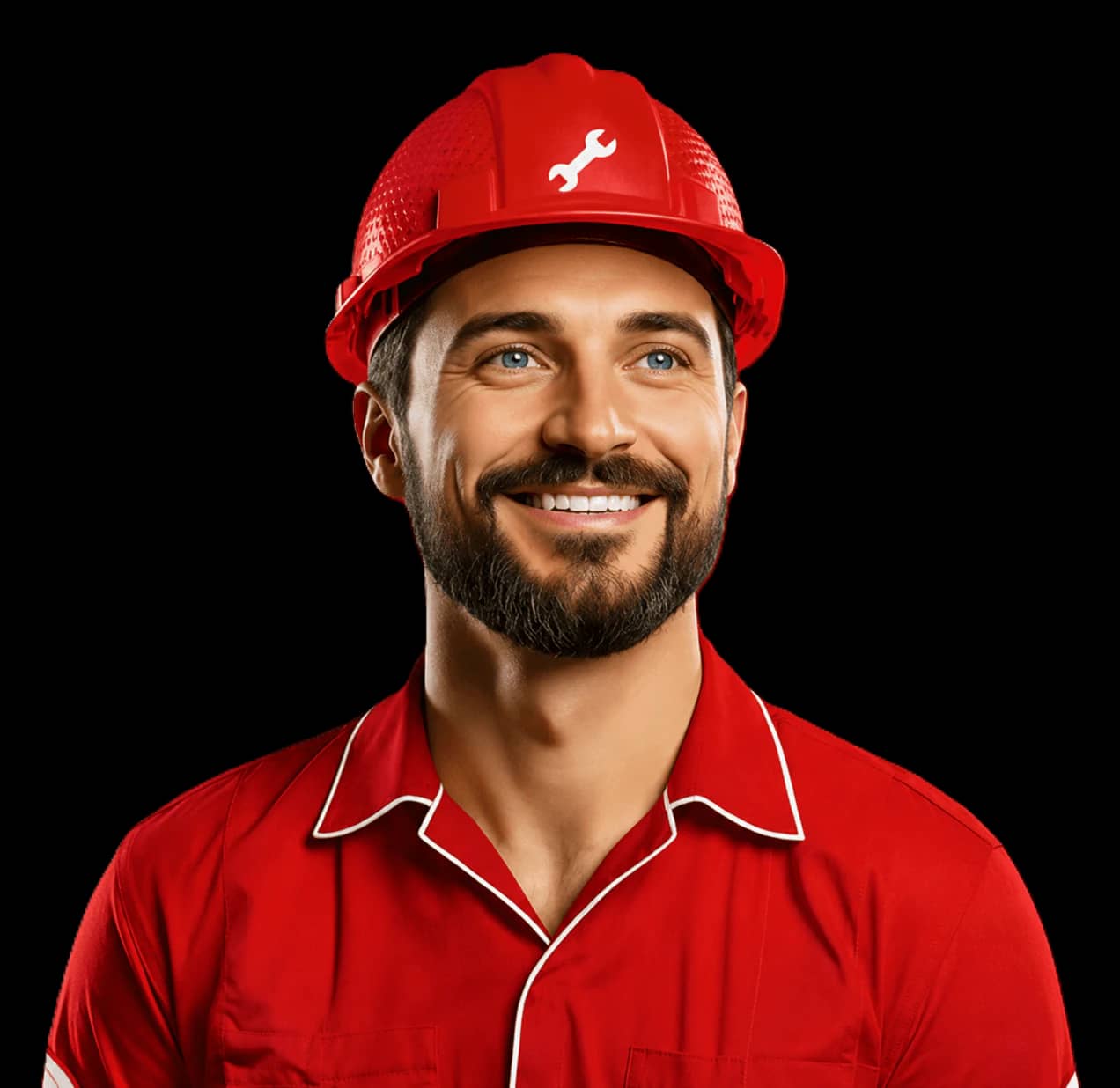 Smiling plumber in a red hard hat and red work shirt