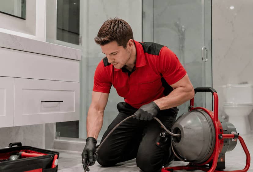 Plumber feeding a drain machine cable into a bathroom floor drain