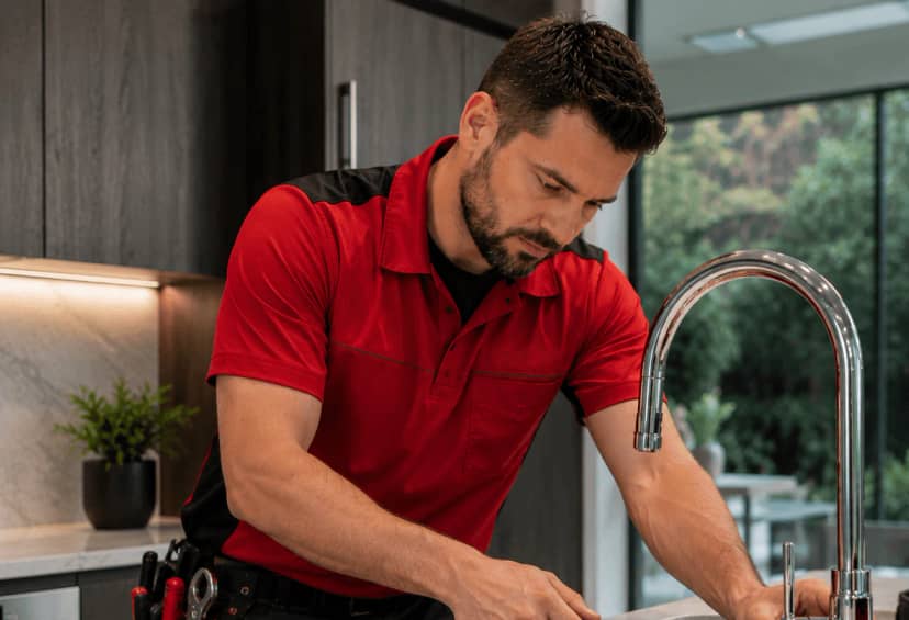 Plumber tightening a new kitchen faucet with a wrench