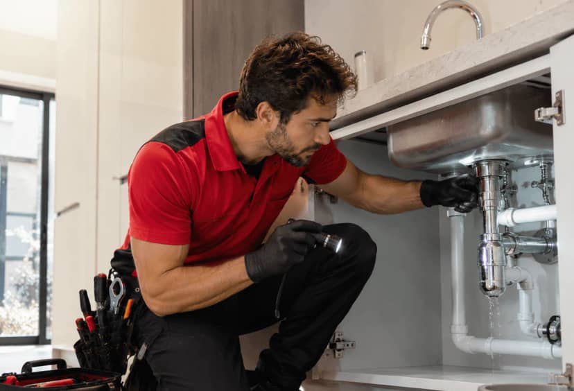 Plumber with a flashlight checking a dripping drain under a kitchen sink