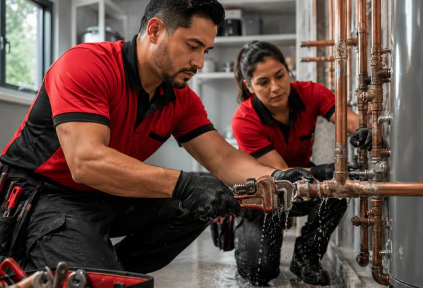 Two plumbers with a pipe wrench repairing a leaking copper water line