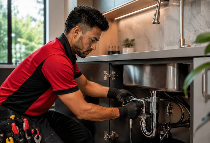 Plumber working on the drain line under a kitchen sink