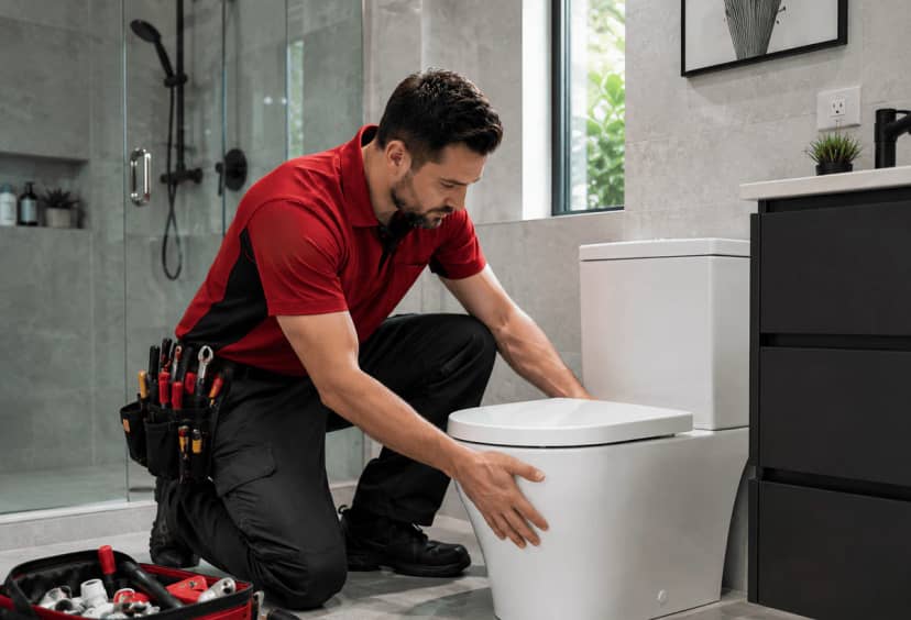 Plumber setting a new toilet in a modern bathroom