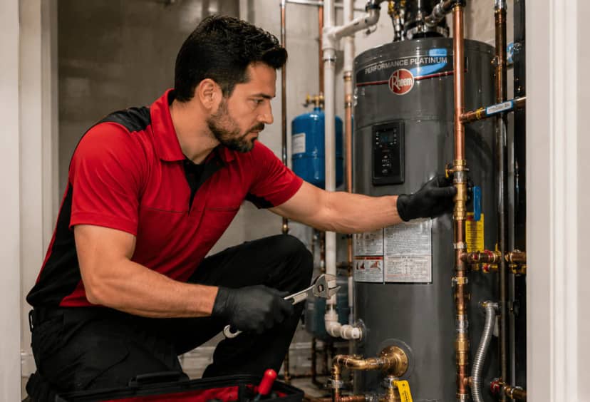 Plumber with a wrench working on the piping of a tank water heater