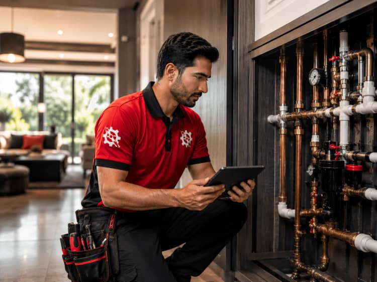 Plumber with a tablet checking a copper manifold