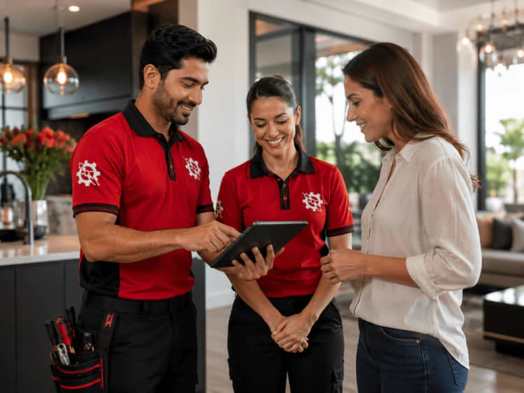 Two plumbers showing a homeowner the plan on a tablet
