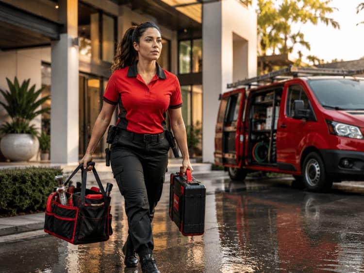 Plumber carrying tool bags from a red van on a wet driveway